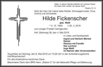 Traueranzeige von Hilde Fickenscher von Frankenpost