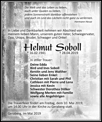 Traueranzeige von Helmut Soboll von Südthüringer Presse