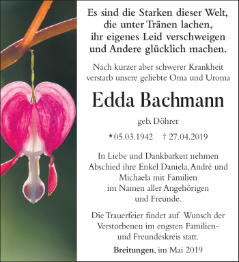 Traueranzeige von Edda Bachmann von Südthüringer Presse