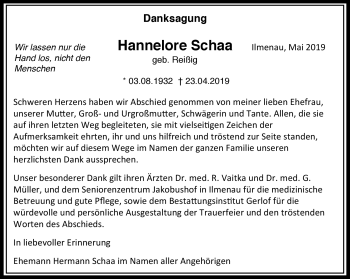 Traueranzeige von Hannelore Schaa von Südthüringer Presse