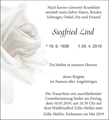Traueranzeige von Siegfried Lind von Südthüringer Presse