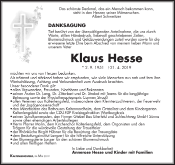 Traueranzeige von Klaus Hesse von Südthüringer Presse