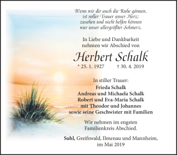 Traueranzeige von Herbert Schalk von Südthüringer Presse