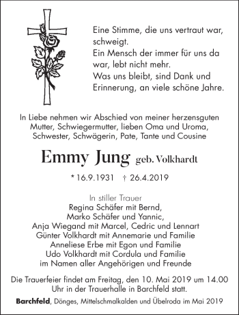 Traueranzeige von Emmy Jung von Südthüringer Presse