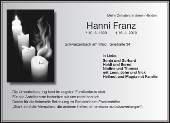 Traueranzeige von Hanni Franz von Frankenpost