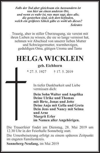 Traueranzeige von Helga Wicklein von Südthüringer Presse