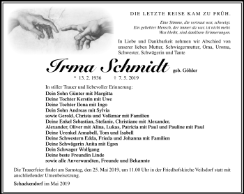 Traueranzeige von Irma Schmidt von Südthüringer Presse