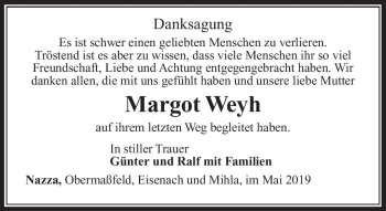 Traueranzeige von Margot Weyh von Südthüringer Presse