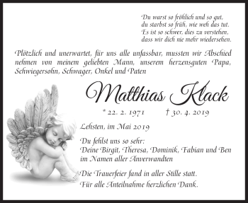 Traueranzeige von Matthias Klack von Frankenpost