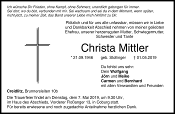 Traueranzeige von Christa Mittler von Neue Presse Coburg