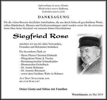 Traueranzeige von Siegfried Rose von Südthüringer Presse