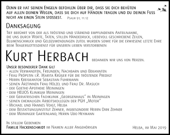 Traueranzeige von Kurt Herbach von Südthüringer Presse