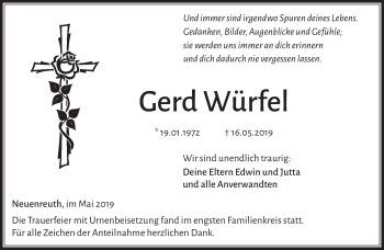 Traueranzeige von Gerd Würfel von Neue Presse Coburg