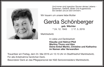 Traueranzeige von Gerda Schönberger von Frankenpost