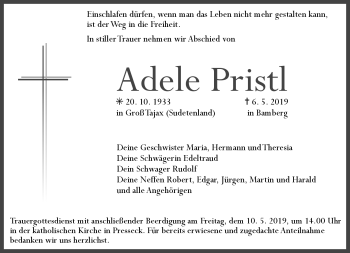 Traueranzeige von Adele Pristel von Frankenpost