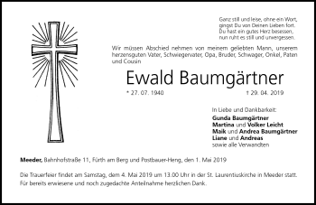 Traueranzeige von Ewald Baumgärtner von Neue Presse Coburg