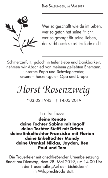 Traueranzeige von Horst Rosenzweig von Südthüringer Presse