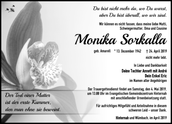 Traueranzeige von Monika Sorkalla von Südthüringer Presse