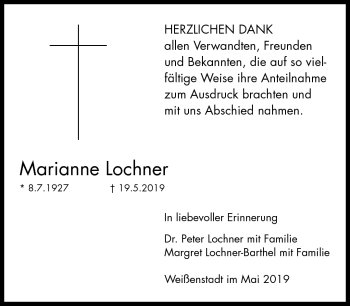 Traueranzeige von Marianne Lochner von Frankenpost