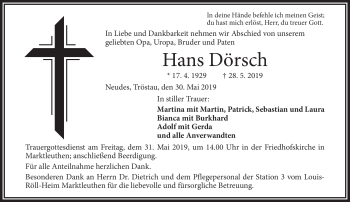 Traueranzeige von Hans Dörsch von Frankenpost