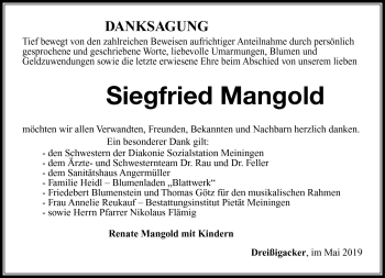 Traueranzeige von Siegfried Mangold von Südthüringer Presse