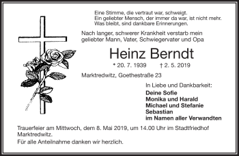 Traueranzeige von Heinz Berndt von Frankenpost