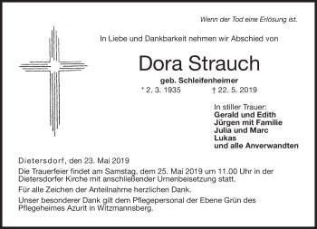Traueranzeige von Dora Strauch von Neue Presse Coburg