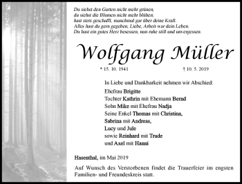 Traueranzeige von Wolfgang Müller von Südthüringer Presse