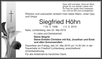 Traueranzeige von Siegfried Höhn von Frankenpost
