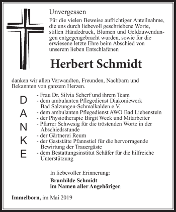 Traueranzeige von Herbert Schmidt von Südthüringer Presse