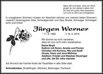 Traueranzeige von Jürgen Werner von Südthüringer Presse