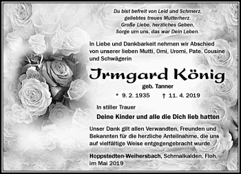 Traueranzeige von Irmgard König von Südthüringer Presse