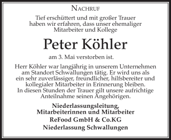 Traueranzeige von Peter Köhler von Südthüringer Presse
