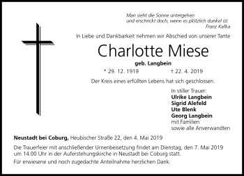 Traueranzeige von Charlotte Miese von Neue Presse Coburg
