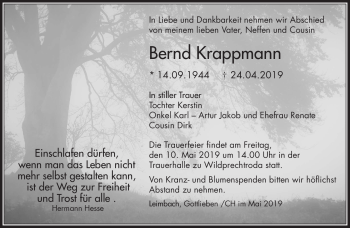 Traueranzeige von Bernd Krappmann von Südthüringer Presse