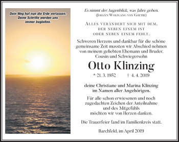 Traueranzeige von Otto Klinzing von Südthüringer Presse
