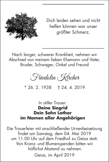 Traueranzeige von Friedolin Kirchner von Südthüringer Presse