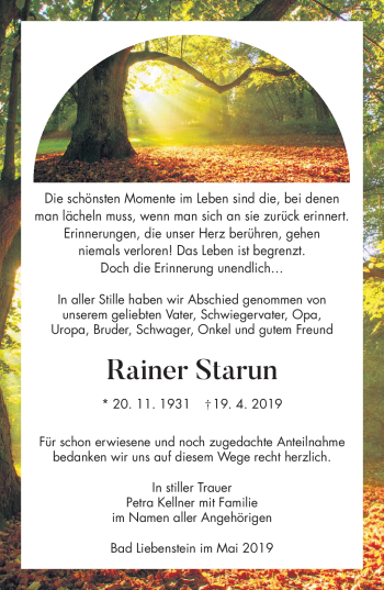 Traueranzeige von Rainer Starum von Südthüringer Presse