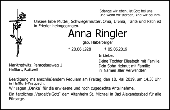 Traueranzeige von Anna Ringler von Frankenpost