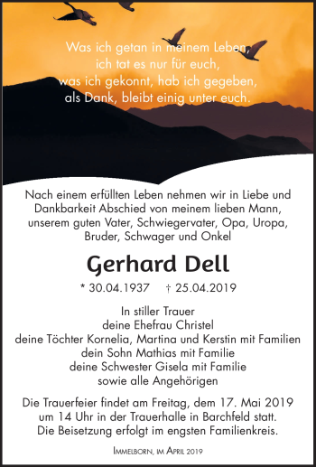 Traueranzeige von Gerhard Dell von Südthüringer Presse