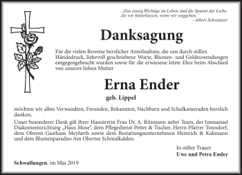 Traueranzeige von Erna Ender von Südthüringer Presse