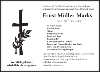 Traueranzeige von Ernst Müller-Marks von Südthüringer Presse