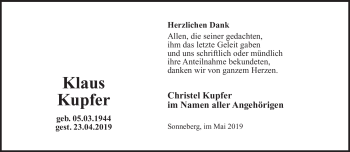 Traueranzeige von Klaus Kupfer von Südthüringer Presse