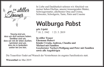 Traueranzeige von Walburga Pabst von Südthüringer Presse