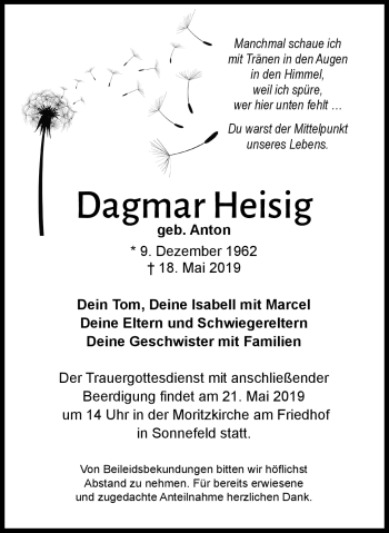 Traueranzeige von Dagmar Heisig von Neue Presse Coburg