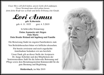 Traueranzeige von Lori Asmus von Südthüringer Presse