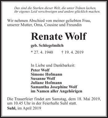 Traueranzeige von Renate Wolf von Südthüringer Presse