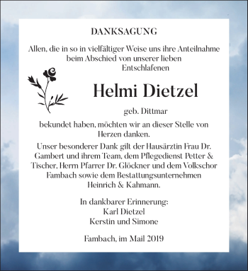 Traueranzeige von Helmi Dietzel von Südthüringer Presse