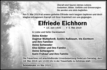 Traueranzeige von Elfriede Eichhorn von Südthüringer Presse