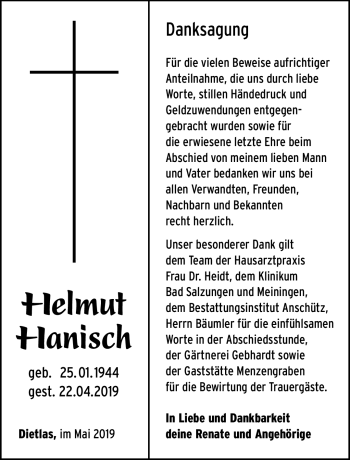 Traueranzeige von Helmut Hanisch von Südthüringer Presse